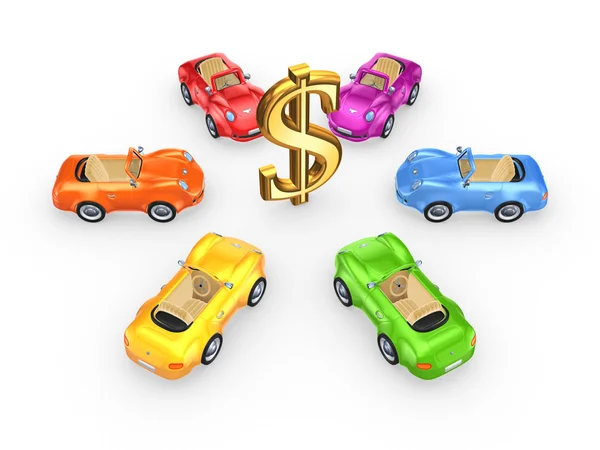 Bunte Autos rund um Dollarzeichen. — Stockfoto