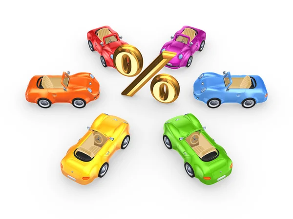 Carros coloridos em torno do símbolo de percentagens . — Fotografia de Stock