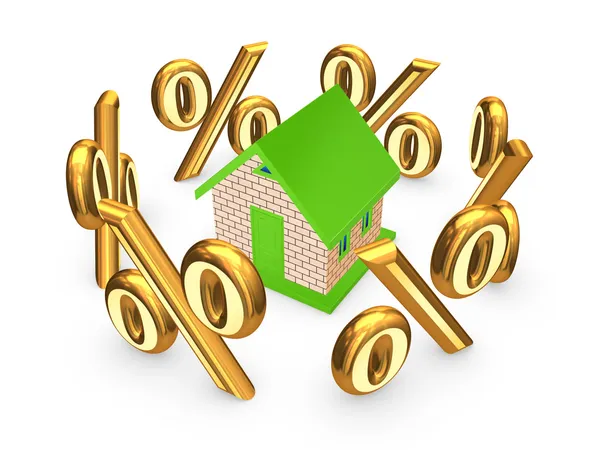 Symbols of percents around small house. — Stock Photo, Image