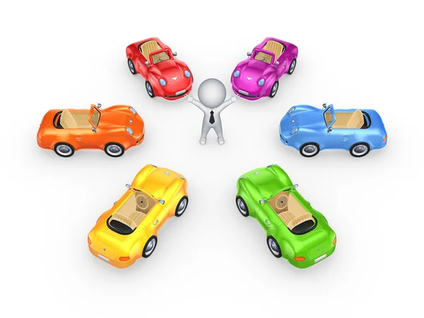 Colorful cars around 3d small person. — Stock Photo, Image