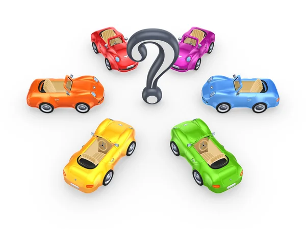 Colorful cars around query mark. — Stock Photo, Image