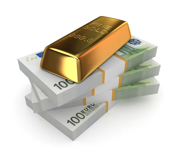 Goldbarren auf einem Stapel Dollars. — Stockfoto