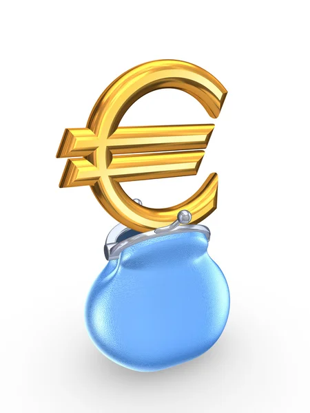 Blauwe portemonnee en een symbool van de euro. — Stockfoto