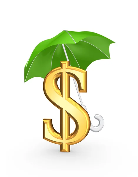 Golden sign of dollar under green umbrella. — Stock Photo, Image