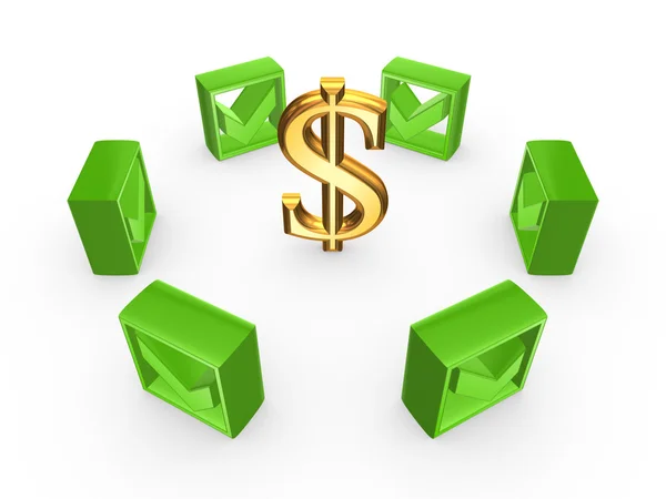 Green tick marks around sign of dollar. — Stock Photo, Image