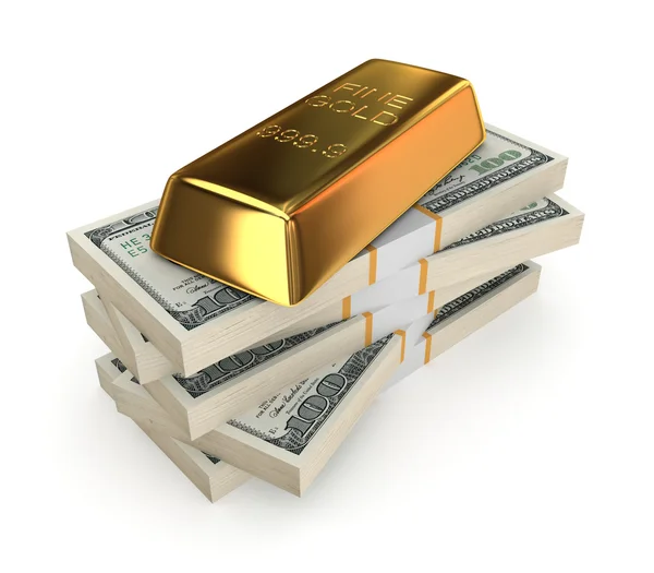 Goldbar na hromadu dolarů. — Stock fotografie
