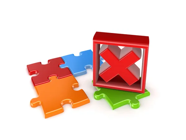 Colorful puzzles and red cross mark. — Stock Photo, Image