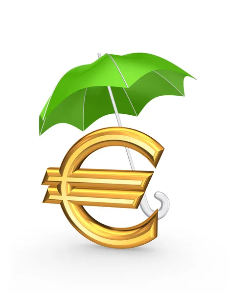Golden sign of euro under green umbrella. — Stock Photo, Image