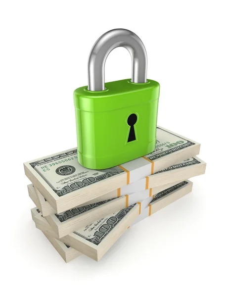 Green lock on a stack of dollars. — Stock Photo, Image