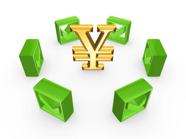 Groene maatstreepjes rond symbool van yen. — Stockfoto