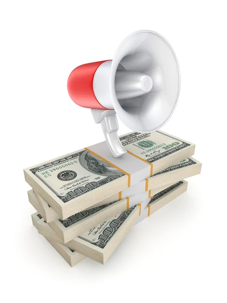 Megaphone on a stack of dollars. — Stock Photo, Image