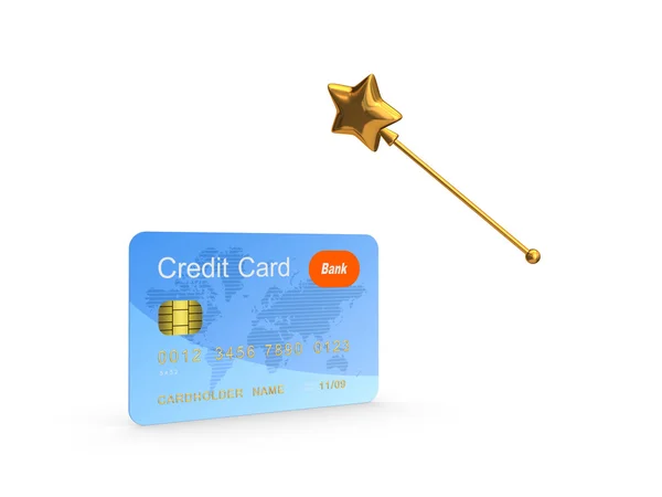 Kreditkarte und goldener Zauberstab. — Stockfoto