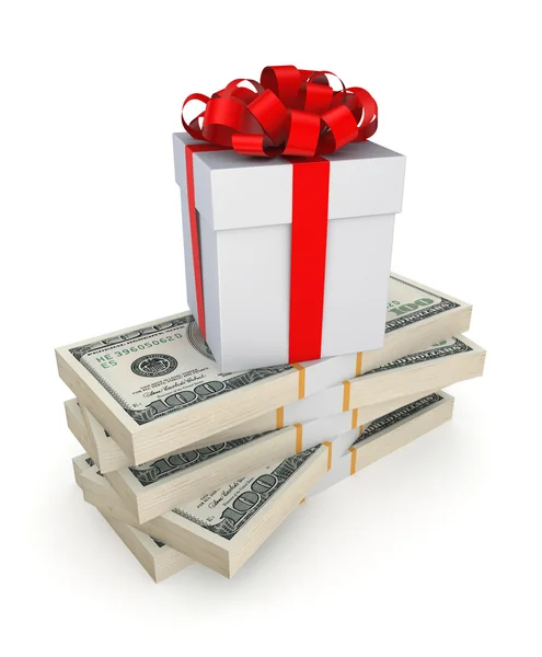 Gift box on a stack of dollars. — Stock Photo, Image