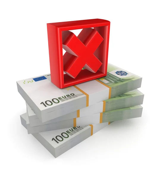 Red cross mark on a stack of euro. — Stock Photo, Image