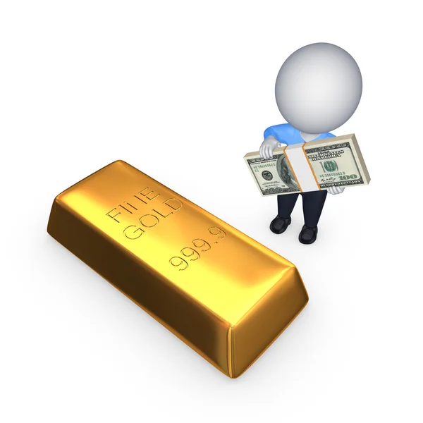 Goldbarren und 3D kleine Person mit einem Stapel Dollars. — Stockfoto