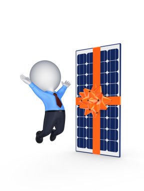 Happy 3d small person and solar battery. clipart