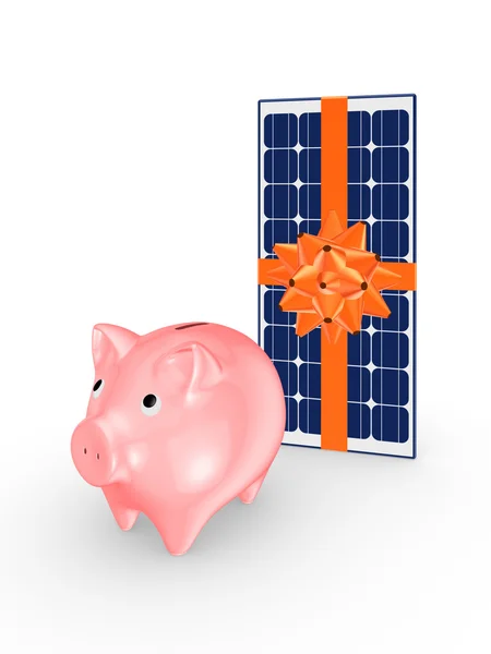 粉红猪存钱罐和太阳能电池. — 图库照片