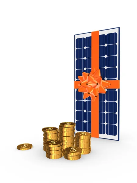 Solar batterij en gouden munten. — Stockfoto