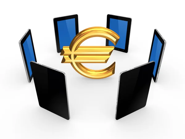 Tablet PC's rond teken van euro. — Stockfoto