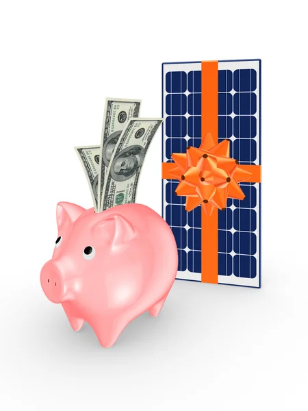 Solar batterij en roze piggy bank. — Stockfoto