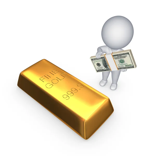 Goldbarren und 3D kleine Person mit einem Stapel Dollars. — Stockfoto