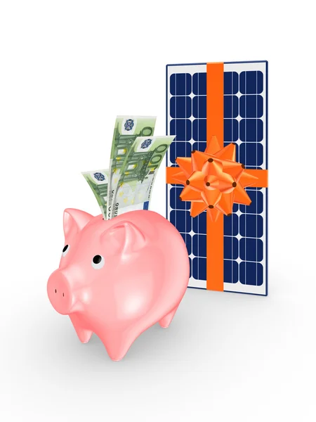 Solarbatterie und rosa Sparschwein. — Stockfoto