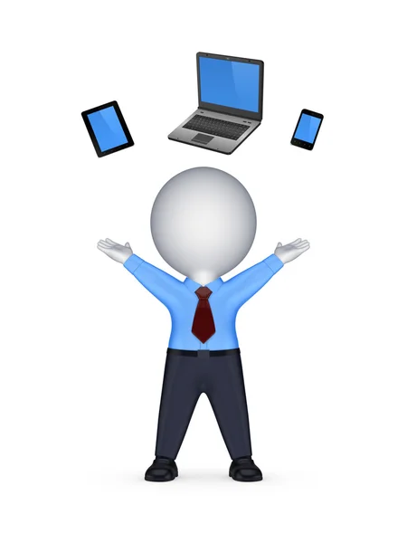 3D-persoon, laptop, tablet pc en mobiele telefoon. — Stockfoto