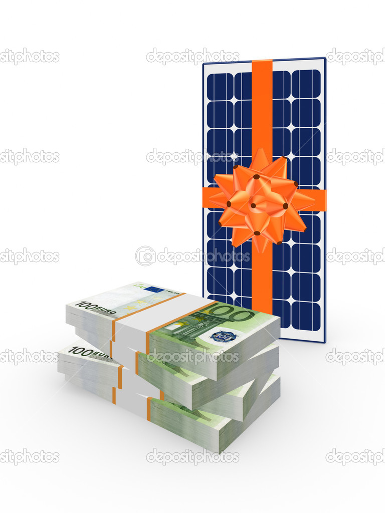 Stack of dollars and solar battery.