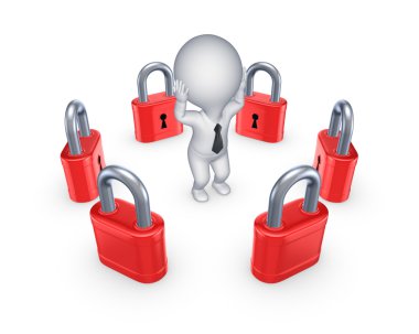 endişeli 3d kişi etrafında kırmızı kilitleri.