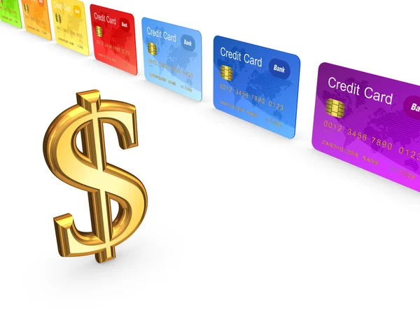 Teken van dollar en kleurrijke credit cards. — Stockfoto