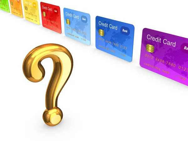 Gyllene fråga mark och färgglada kreditkort. — Stockfoto