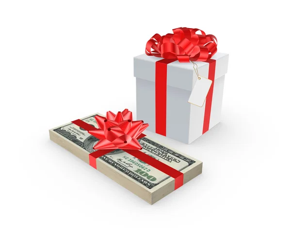 Giftbox and stack of dollars. — Stock Photo, Image