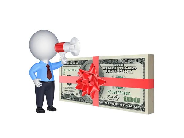 3d person with megaphone and stack of dollars. — Stock Photo, Image