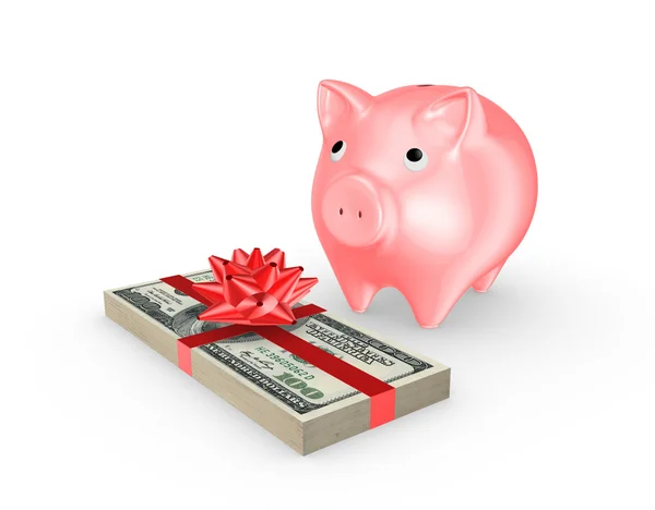 Rosa Sparschwein und ein Stapel Dollars. — Stockfoto