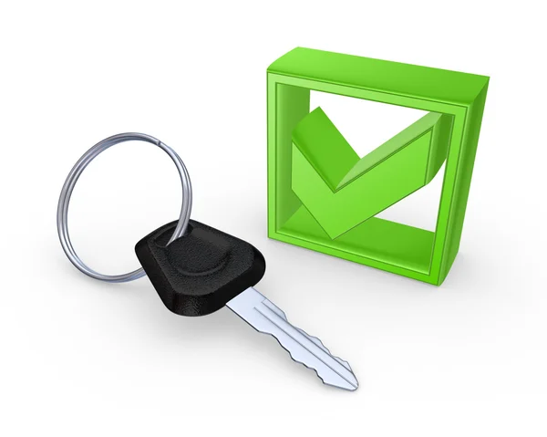 Key from car and green tick mark. — Stock Photo, Image