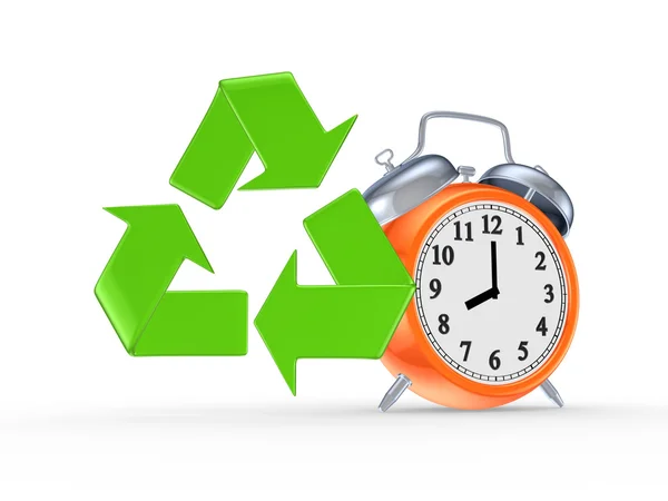 Zeichen für Recycling und orangefarbene Uhr. — Stockfoto