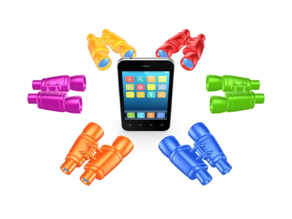 Colorful binoculars around mobile phone. — Stock Photo, Image