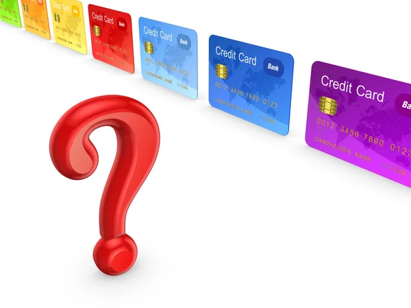 Rode query mark en kleurrijke credit cards. — Stockfoto