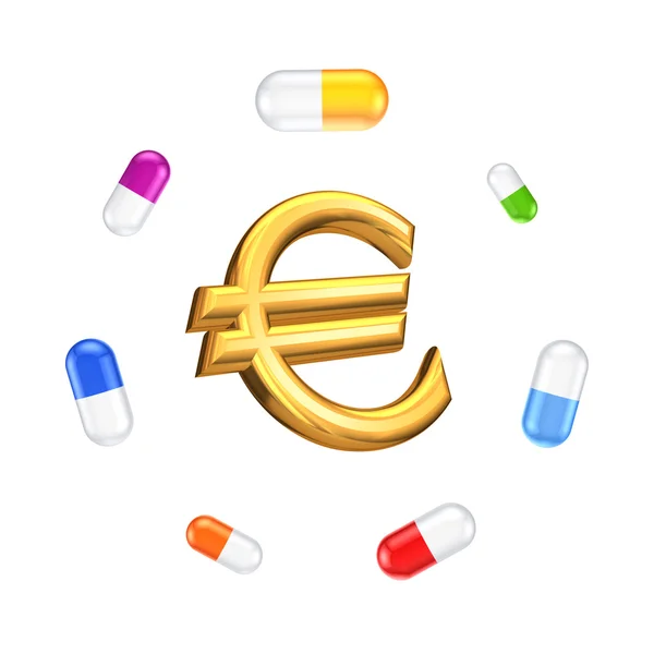 Colorful pills around sign of euro. — Stock Photo, Image