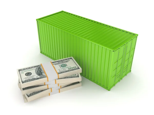 Contenedor verde y pila de dólares . — Foto de Stock