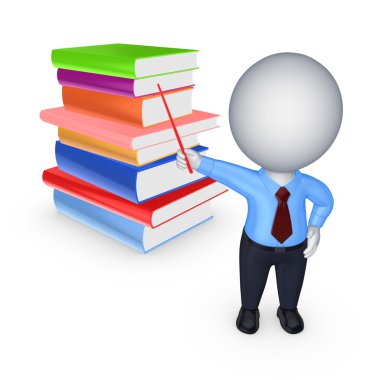 3D küçük kişi ve büyük renkli kitap yığını.