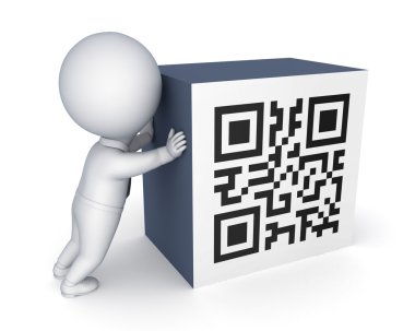 3D küçük kişi ve qr kodu sembolü.