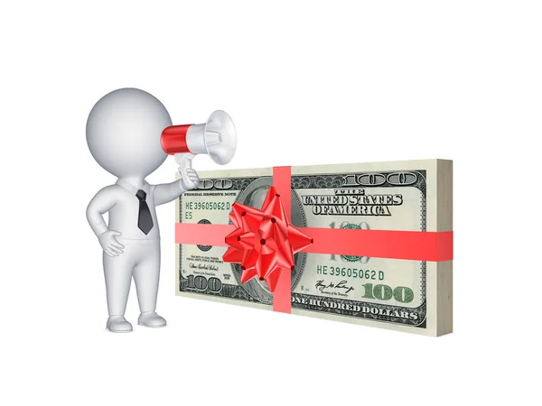 3d person with megaphone and stack of dollars. — Stock Photo, Image