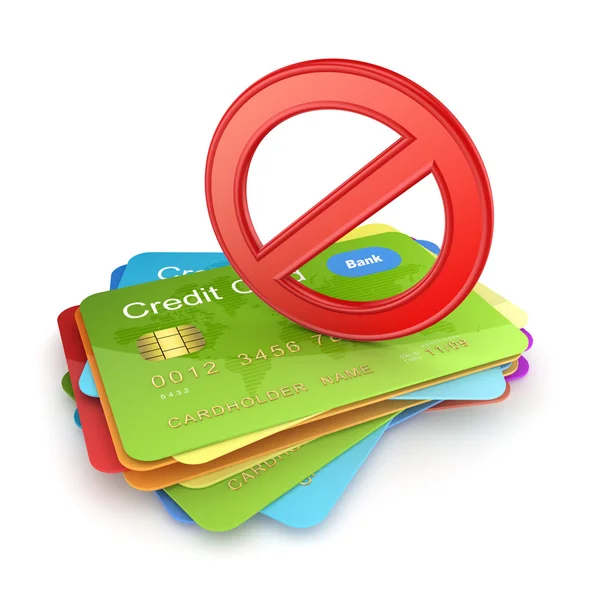 Czerwony symbol zakazu kolorowe karty kredytowe. — Zdjęcie stockowe
