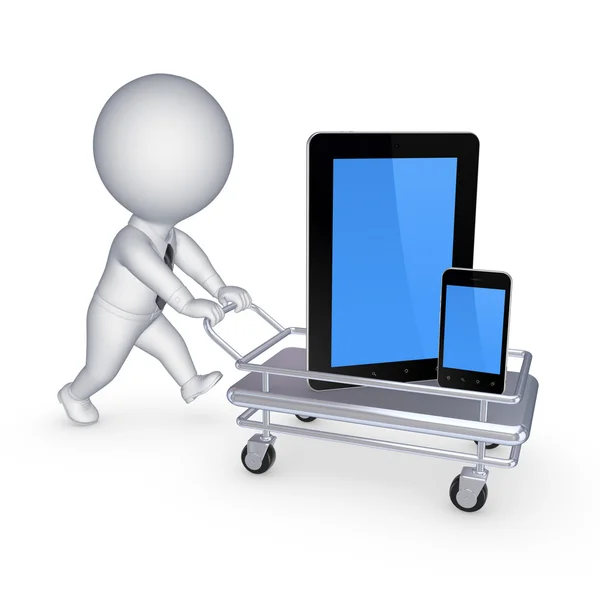 Tablet-PC und Handy auf dem Einkaufswagen. — Stockfoto
