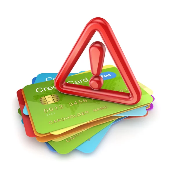 Rotes Ausrufezeichen auf einem Stapel von Kreditkarten. — Stockfoto