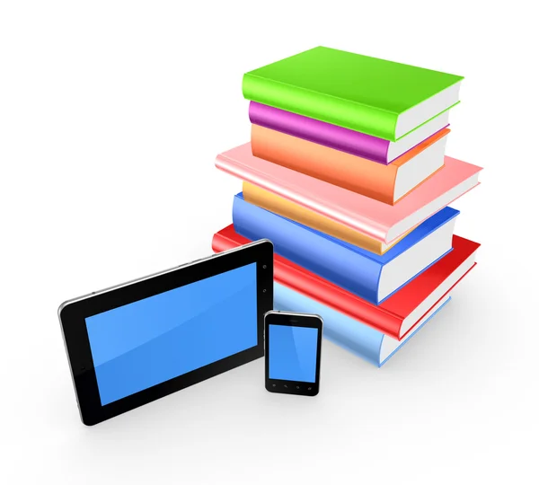 Barevné knihy, mobilní telefon a tablet pc. — Stock fotografie