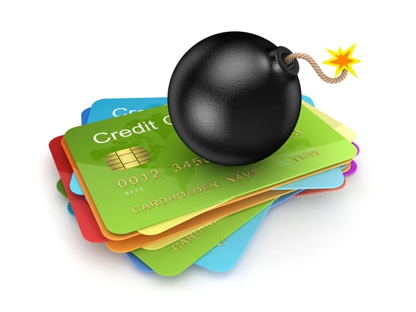 クレジット カードのスタック上の黒い爆弾. — ストック写真