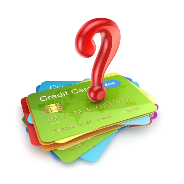 Renkli kredi kartlarında kırmızı sorgu işareti. — Stok fotoğraf
