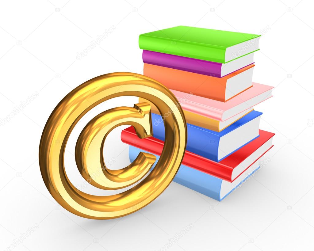 Colorful books and symbol of copyright.